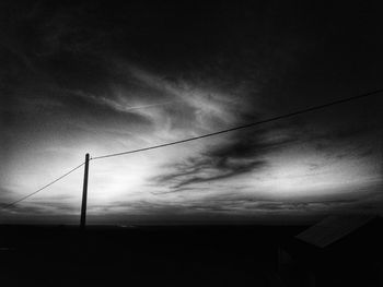 Silhouette of power lines against cloudy sky