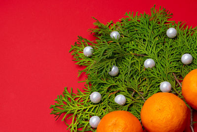High angle view of christmas decorations on tree