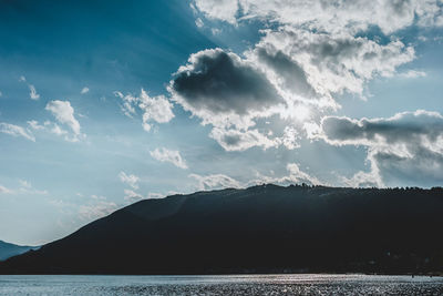 Scenic view of sea and mountains against sky