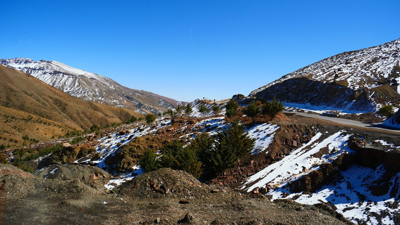 Scenic view of snowcapped mountains against clear sky