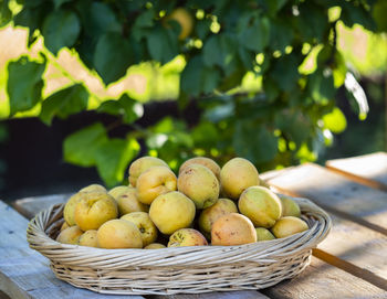 Close-up of fruits in basket on table