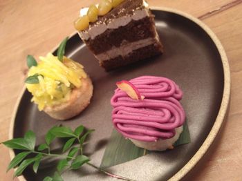Close-up of cake served on table