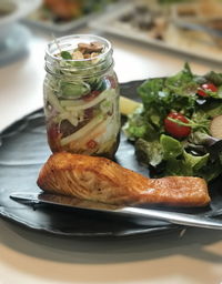 Close-up of food served on table