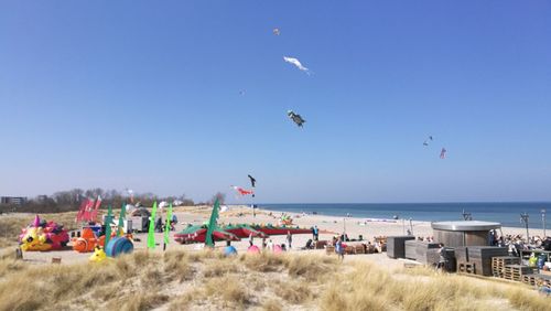 Scenic view of beach against blue sky