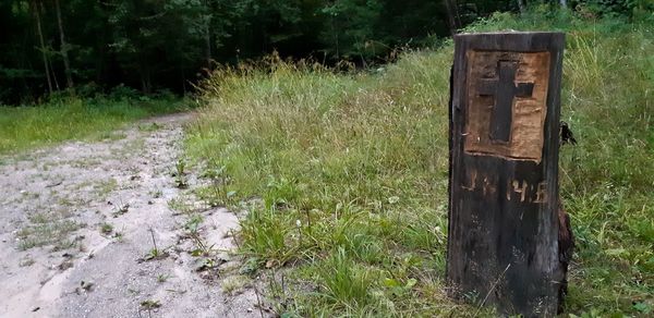 Old wooden door on field
