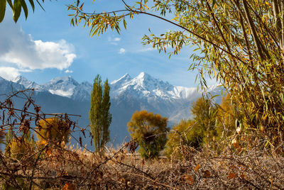 Scenic view of snowcapped mountains against sky