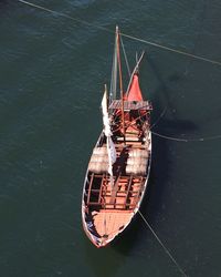 High angle view of ship sailing on river