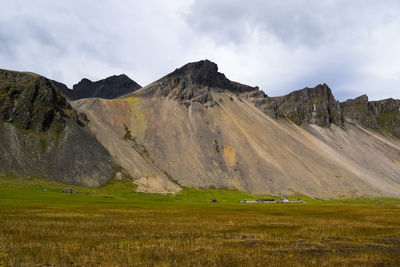 Hafnarfjoerdur iceland 10 september 2022 the viking village in front of mount vestrahorn