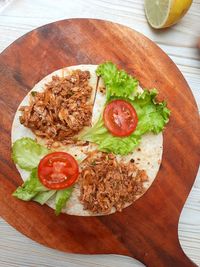 High angle view of fruit salad in plate on table