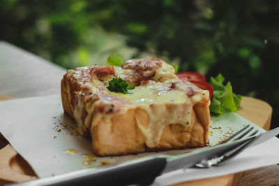 Close-up of food served in plate on table