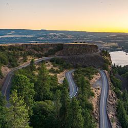 High angle view of mountain road at columbia river gorge during sunset