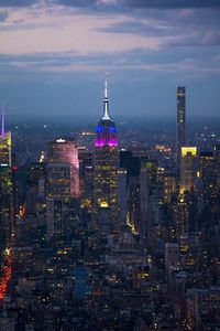 View of city lit up at night