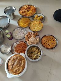 High angle view of breakfast on table