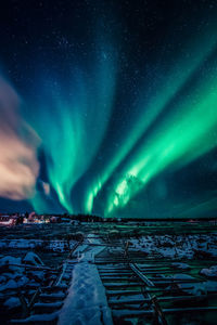 Scenic view of snowcapped landscape against sky at night