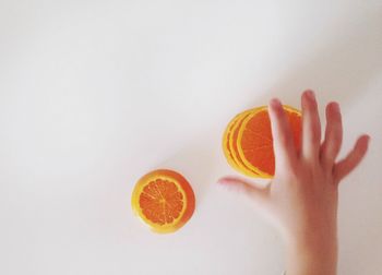 Cropped image of hand holding white background