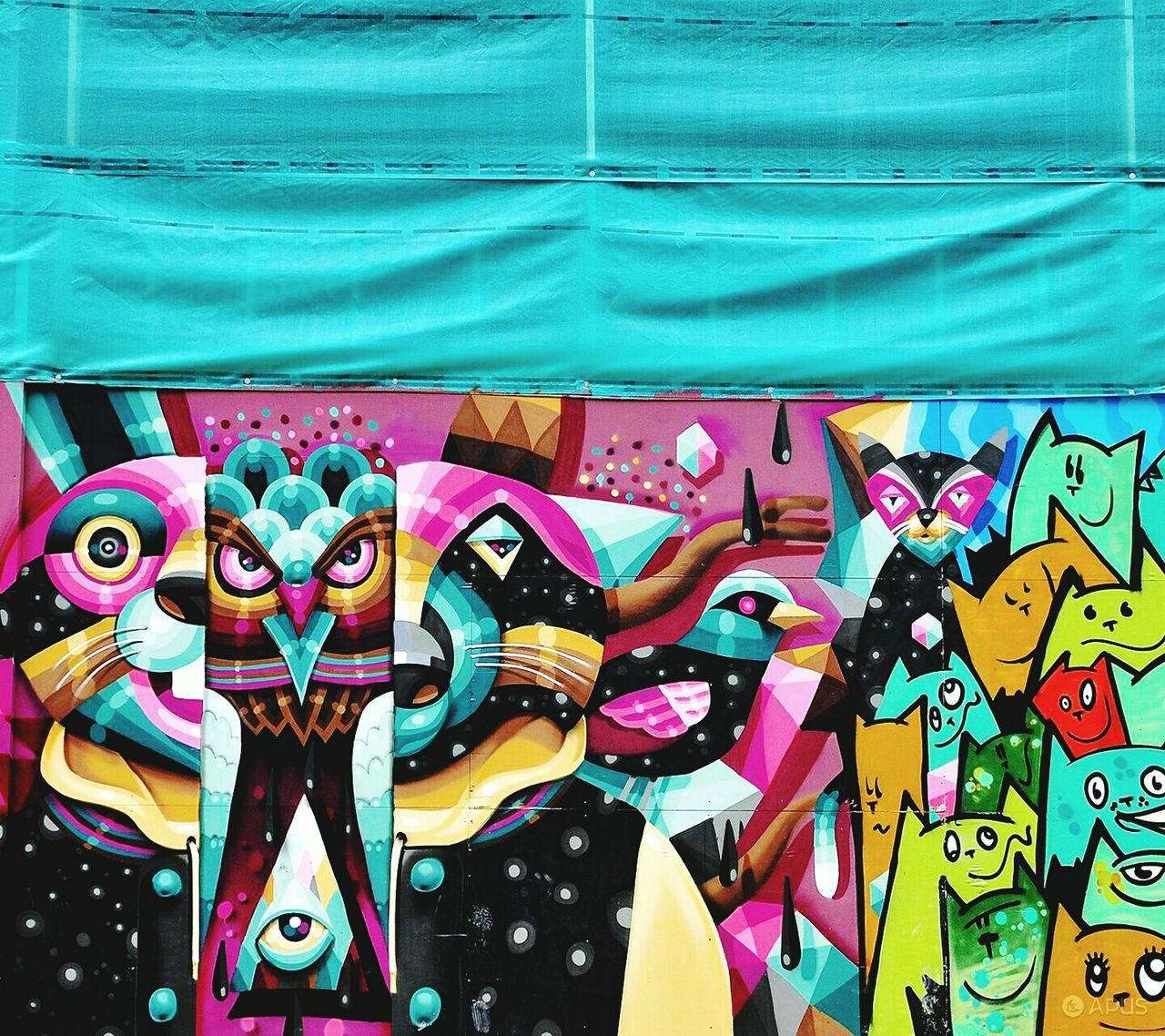 multi colored, creativity, art and craft, art, graffiti, wall - building feature, animal representation, indoors, colorful, blue, human representation, variation, design, craft, street art, pattern, backgrounds, full frame, painting, close-up