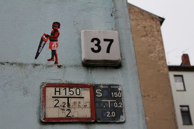 Low angle view of photograph and number on wall