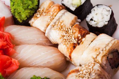 Close-up of sushi served in plate