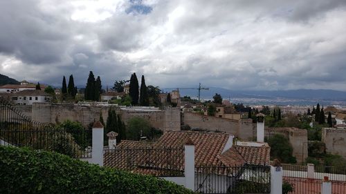 High angle view of buildings against sky