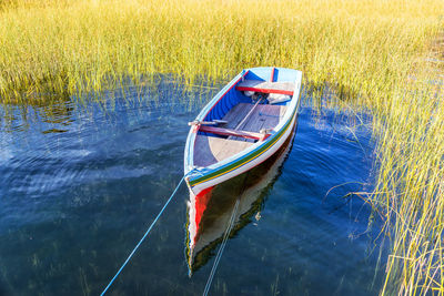 Boats moored in river