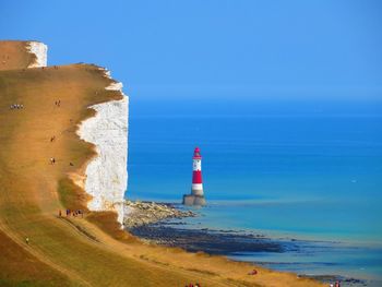 Lighthouse by sea against sky