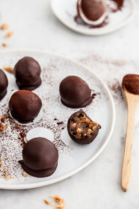 High angle view of dessert in plate on table