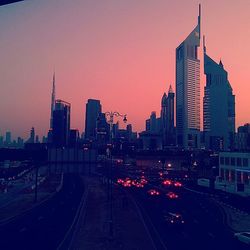 City skyline at sunset