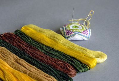 Colorful floss threads for embroidery and needle bar. colored mouline threads.