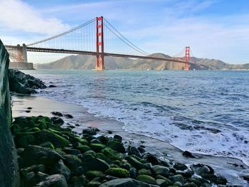 View of suspension bridge over sea