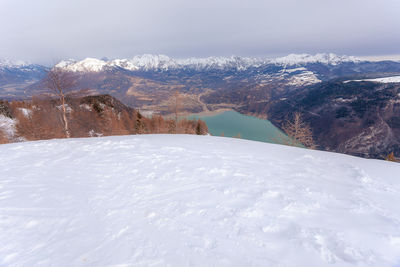 Scenic view of snowcapped mountains against sky