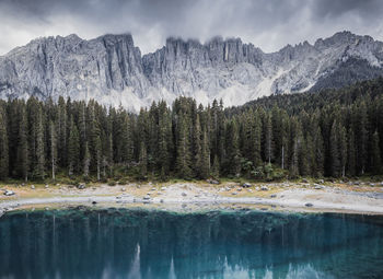 Scenic view of lake by mountains against sky