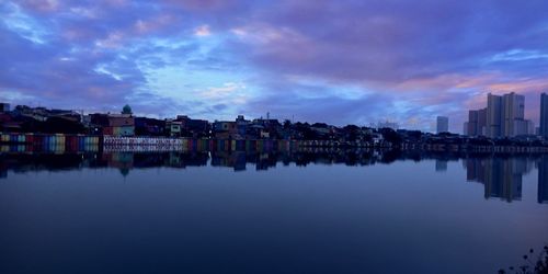 Panoramic view of lake and buildings against sky