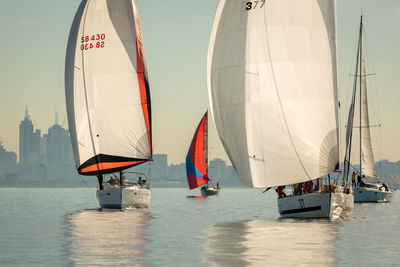 Sailboat sailing in sea against sky