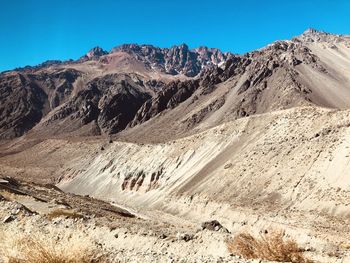Scenic view of mountains against clear blue sky