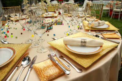 High angle view of arranged dining table