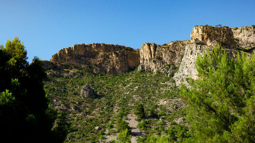 Scenic view of rocky mountains against clear blue sky