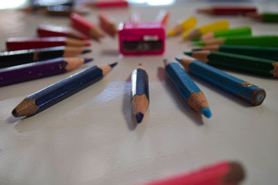 High angle view of colored pencils on table