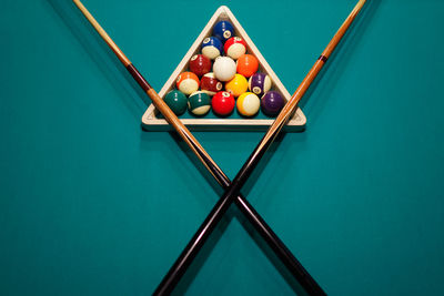 High angle view of pool balls on table