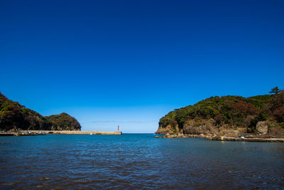 Scenic view of sea against clear blue sky