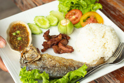 High angle view of food served on table