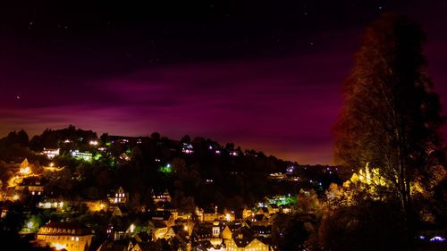 Illuminated trees against sky at night