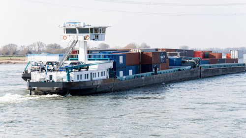 Nautical vessel on sea against clear sky