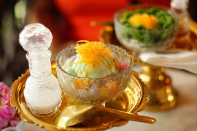 Close-up of dessert served on table
