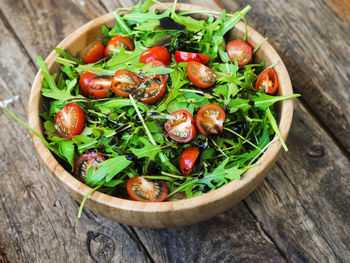 High angle view of salad in container on table