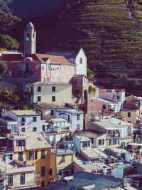 High angle view of houses in town