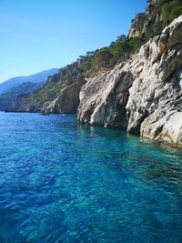 Scenic view of sea against clear blue sky