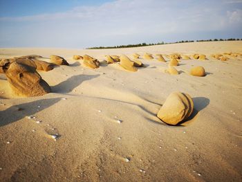 Scenic view of sand dunes against sky