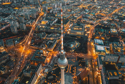 High angle view of illuminated city at night