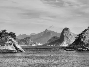 Scenic view of sea and mountains against sky