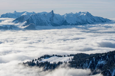 Scenic view of snow covered mountains against sky